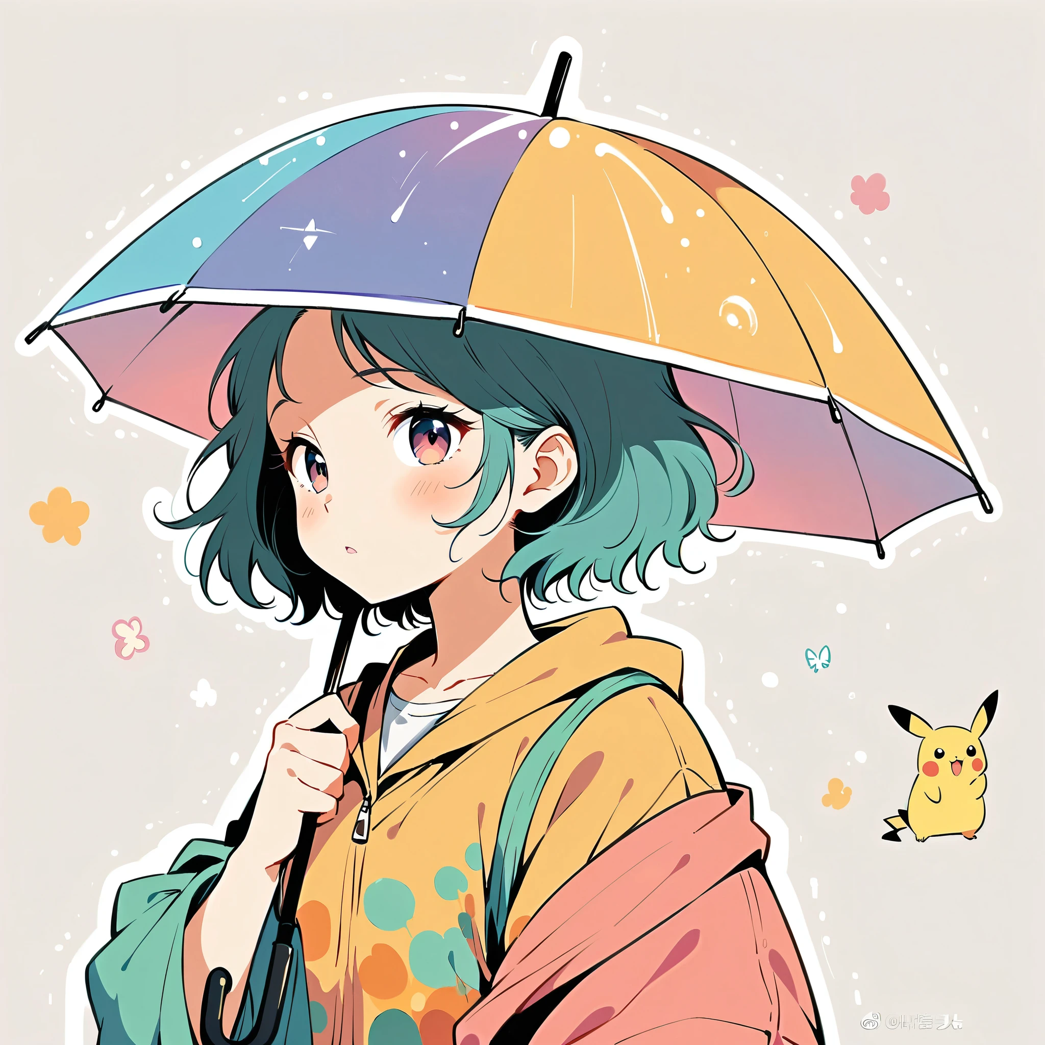 ((anime:1.4,illustration)),(masterpiece, top quality, best quality),(ultra-detailed, absolutely resolution),((16k, high res)), (((Pikachu holding an umbrella in the rain, a rainbow is out, the sky is half sunny and half rainy)) ((cozy lofi illustration:1.4)), ((anime:1.4, illustration)),(masterpiece, top quality, best quality),(ultra-detailed, absolutely resolution),((16k, high res))