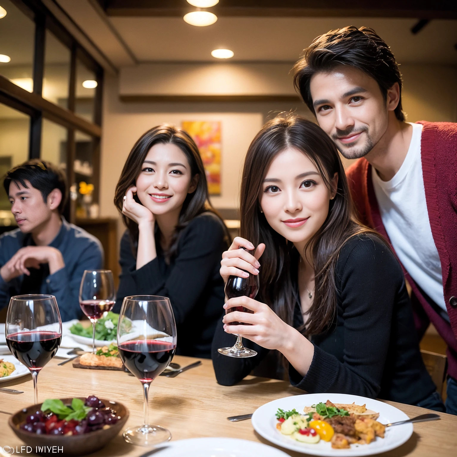 ((Highest quality、8K、masterpiece:1.3))、 (Genuineistic, Genuine、Bright image、Intricate details:1.2), 最高のsmile、1 male、1 female、Beautiful couple、spouse、fiancee、Good friends、actress couple、smile、Full-course dinner at a packed table、 (Slim face), (the body is slim), (Brown Hair), (short hair), テーブルのwine glass、Please shine a light on my face、 Amazing view of the sunset sky and clouds、42 years old)40 years old, red wine 、Appetizers、Wine bottle、sparkling wine、Long sleeve shirt、dress、White wine, red wine, wine glass,