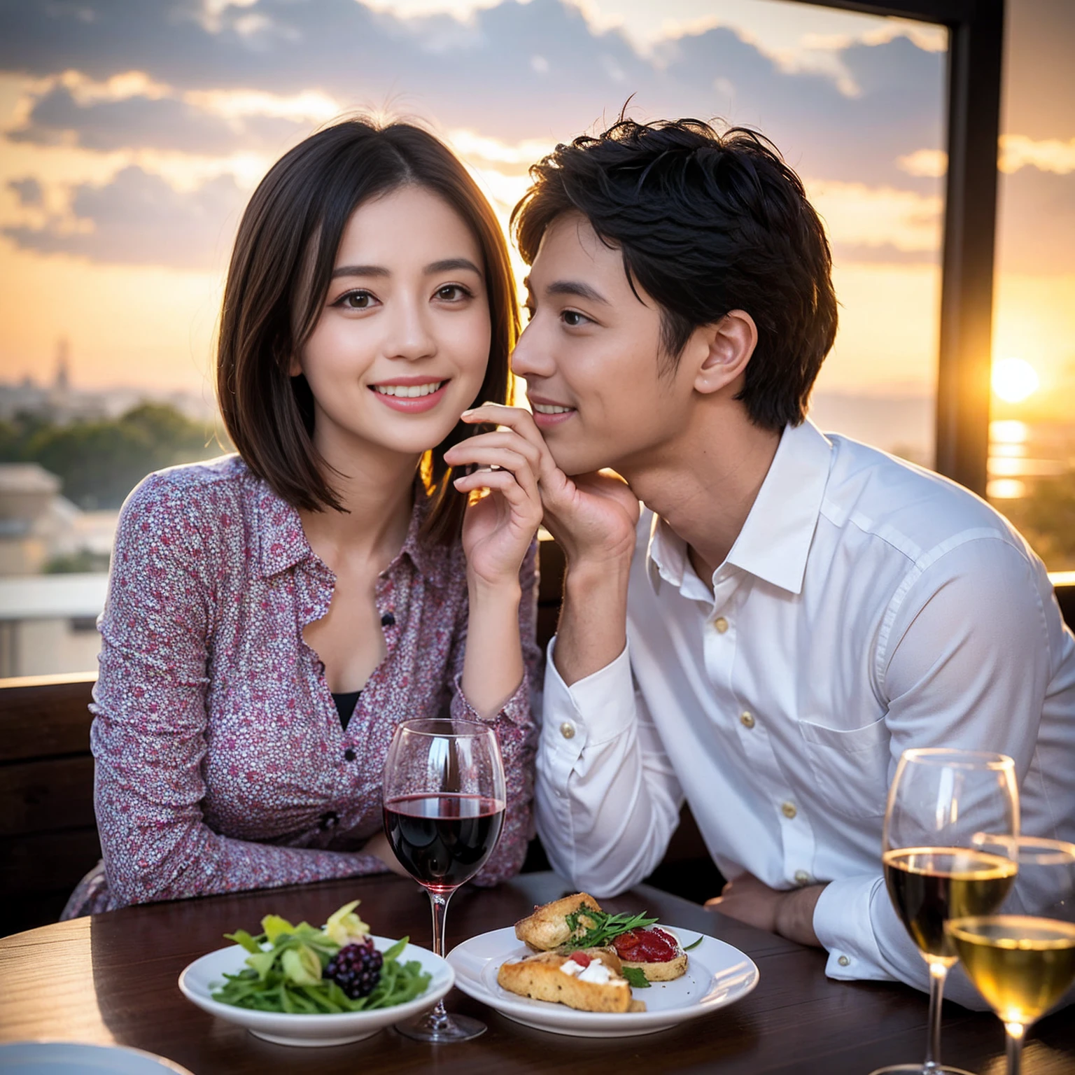 ((Highest quality、8K、masterpiece:1.3))、 (Genuineistic, Genuine、Bright image、Intricate details:1.2), 最高のsmile、1 male 1 female、Beautiful couple、Lovey-dovey lovers、fiancee、Good friends、actress couple、smile、Full-course dinner at a packed table、 (Slim face), (the body is slim), (Brown Hair), (short hair), テーブルのwine glass、Please shine a light on my face、 Amazing view of the sunset sky and clouds、42 years old 39 years old, red wine 、Appetizers、Wine bottle、sparkling wine、Long sleeve shirt、dress、White wine, red wine, wine glass,