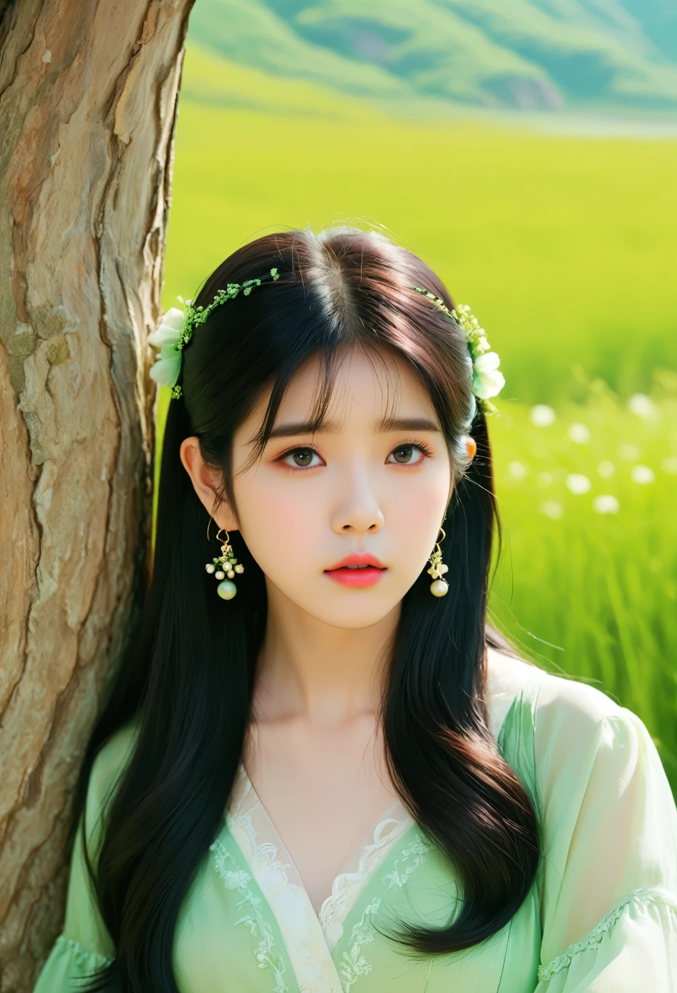 iu,(Melancholy:1.5), Infinite green [Green fields:1.3], Natural landscape:1.2], Strong desire, young, Every look is full of tenderness, Sad face, A beautiful and upright alliance.