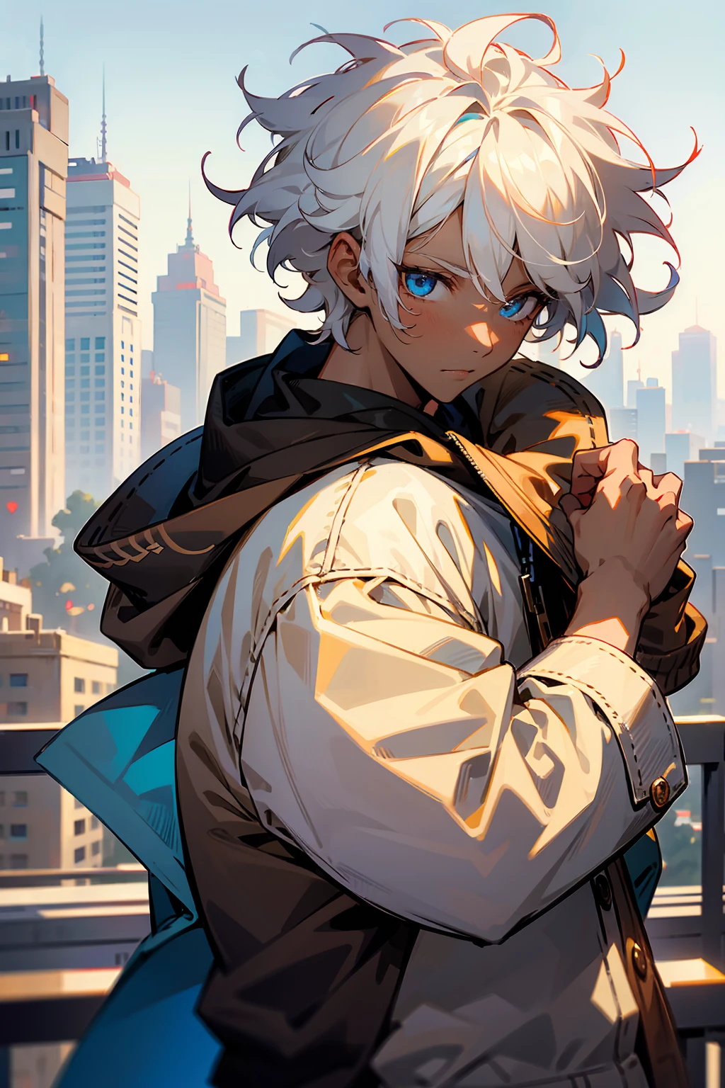 1male , Dark Skin , White Hair , Undercut Hair , Curly Hair , Messy Hair , Brown Letterman Jacket ,  Modern City Background , Pale Blue Eyes , Chill Expression , Masterpiece Quality , Perfect Generation , Adult Male