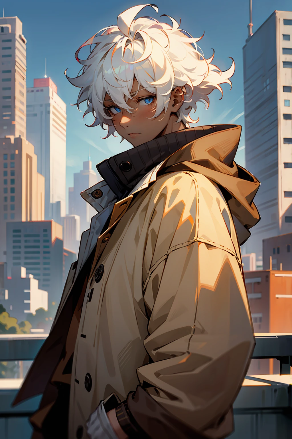 1male , Dark Skin , White Hair , Undercut Hair , Curly Hair , Messy Hair , Brown Letterman Jacket ,  Modern City Background , Pale Blue Eyes , Chill Expression , Masterpiece Quality , Perfect Generation , Adult Male