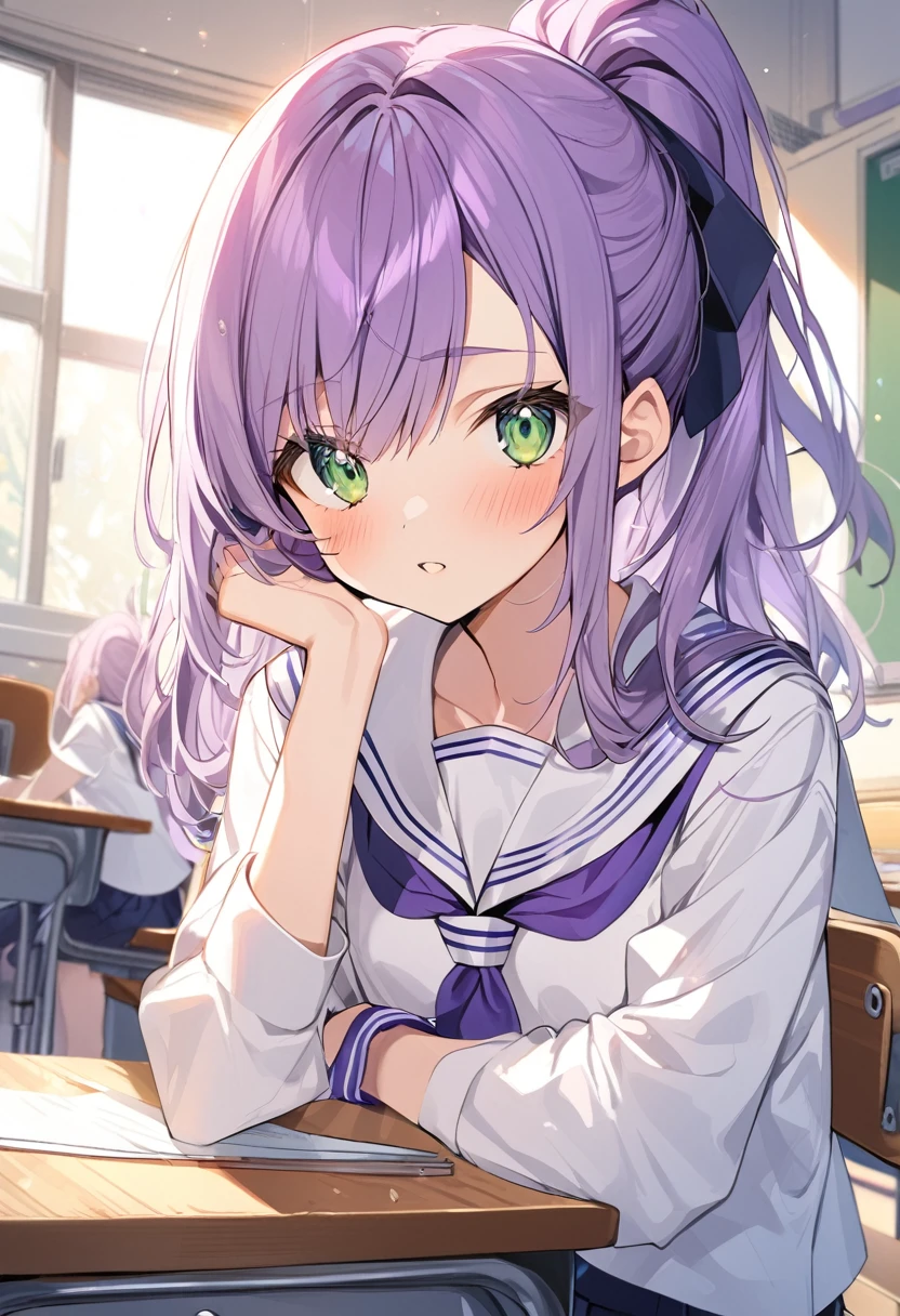 1girl,15 years old,purple ponytail hair,green eyes,serafuku,classroom