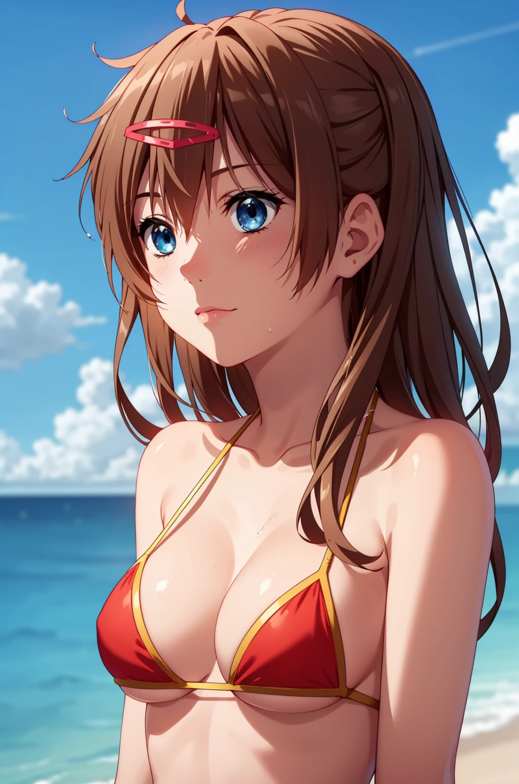 ((masterpiece, Highest quality, High resolution, uhd, Pixel perfect, Depth of written boundary, 4K, RTX, HDR)), 1 Girl, single, alone, 24-years-old, Beautiful Anime Girls, Beautiful art style, anime character, ((Parted bangs, Brown Hair)), (blue eyes、Round eyes, Delicate eyelashes、Beautiful eyelashes, Perfect Eyes), (Detailed face:1.2), (Smooth texture:0.75, Realistic texture:0.65, Realistic:1.2, Cinematic, Anime CG Style), Perfect body, Ocean:1.3、Moderately good breasts:1.7、Red Micro Bikini Swimsuit:1.8、Visible from the thighs:1.9、Wet、Water Drop、Splash、nsfw、visible from below、