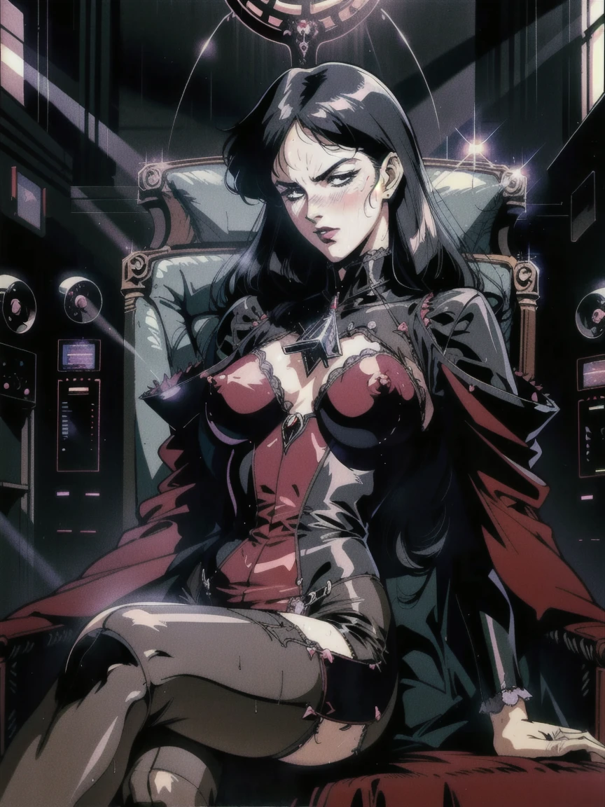 ((((retro anime)) of a gothic vampire sitting in gothic ruby mech)), ((front view pov)), close-up, ((gothic (control panels) everywhere)), ((mature)), ((vampiric)), (iridescent bodysuit), lace accessories, dark big lips, ((baroque pilot seat)), ((((lying back)) pose)), ((elegant)), (((serious tone))), futuristic, top spacecraft control panel, ((dark place)), ((low-light)), intricate control panel details, 1990s (style), [blushing], sweat, masterpiece, claustrophobic, sparkles, limited colors, nsfw