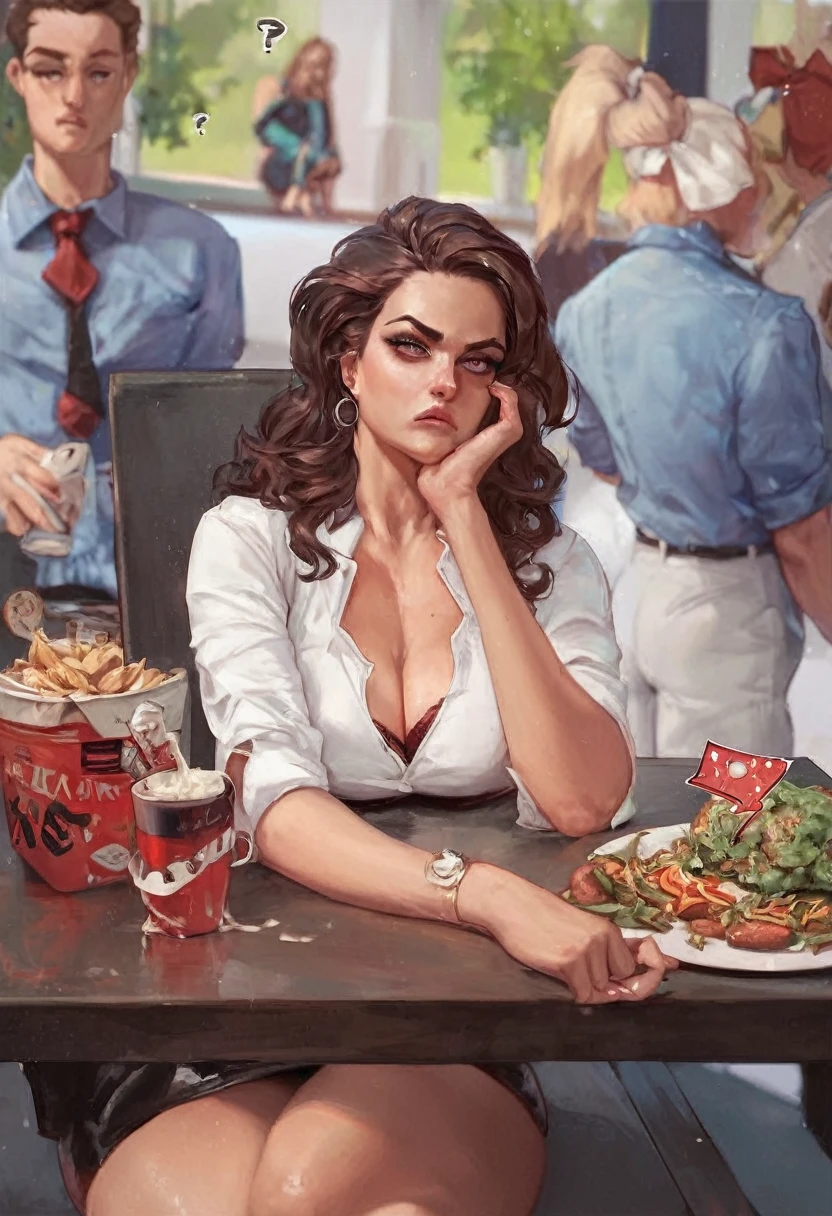 masterpiece), best quality, score_9, score_8_up, score_7_up, score_6_up, score_5_up, score_4_up expressive eyes, 1girl, sexy lady, (((lady sitting at a table looking confused on why there is sperm on her face))), (((lady was trying to enjoy her food))), (((man penis is out leaking with cum after the man jerked it off))) cum on face, (((people watching in the background)), background, store, pov,
