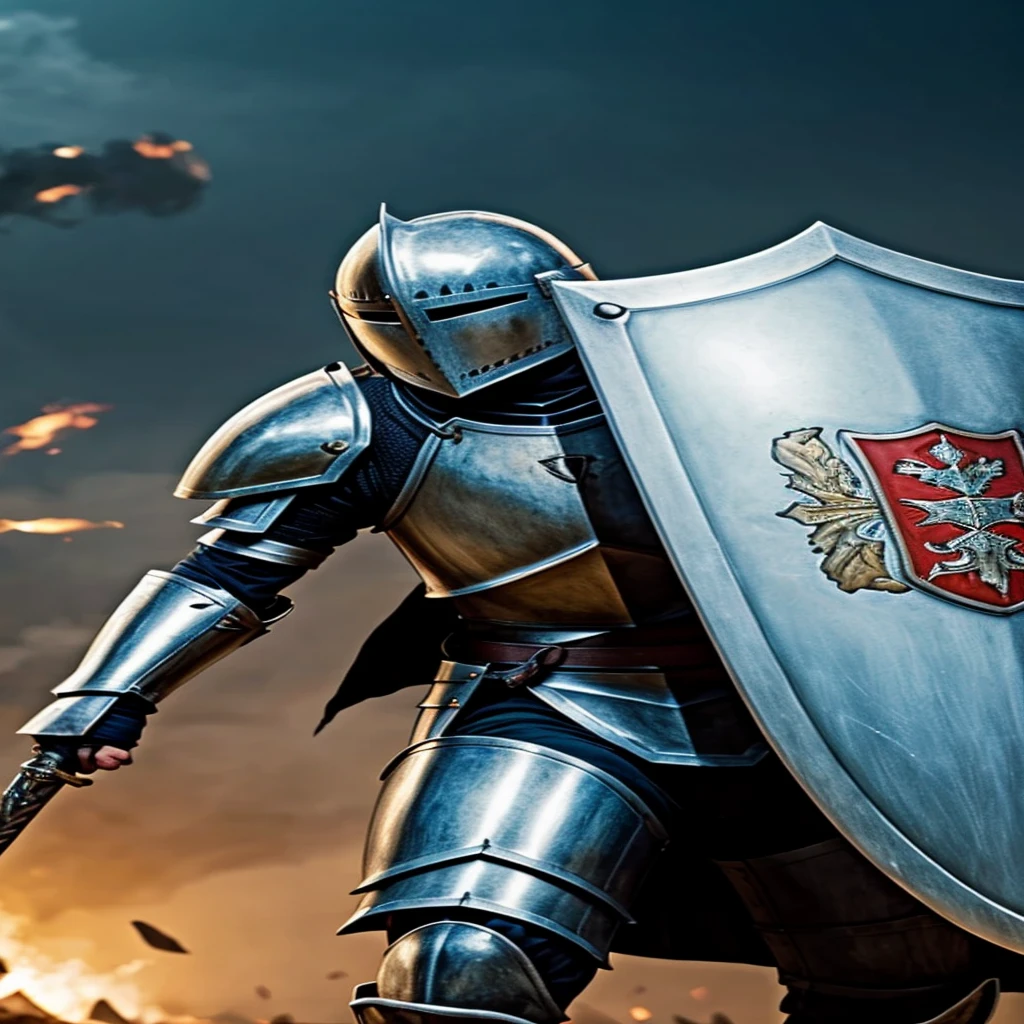 Heavily armored knight with shield and sword shouting a warning, helm open as he is shouting. Shield has a rampant lion on it and armor is blue hued