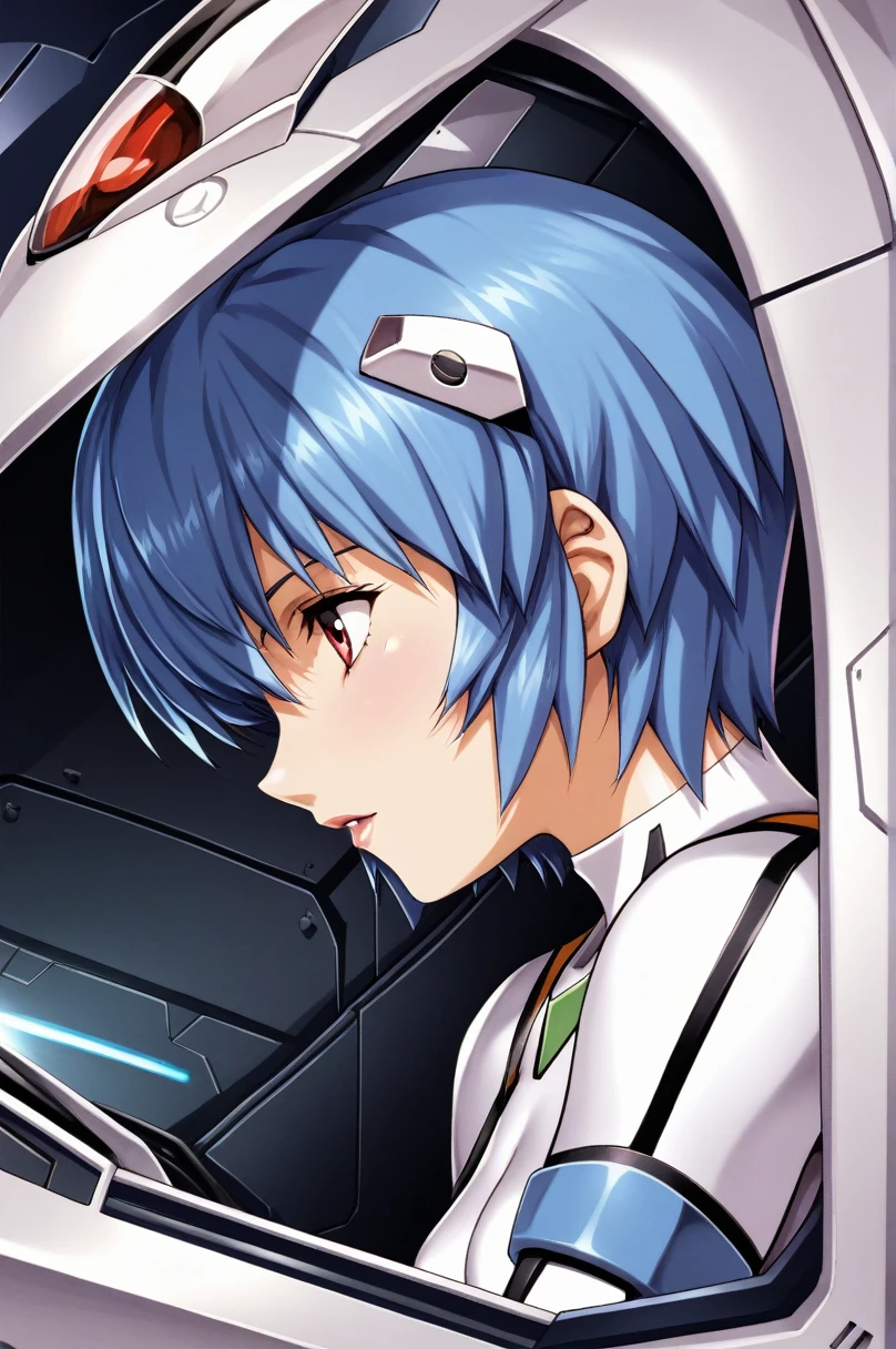 One girl,Ayanami Rei,chest,Torn clothes,Plug Suit,Red eyes,Bodysuits,short hair,alone,Blue Hair,medium chest,white Bodysuits,torn Bodysuits,Pilot Suit,Sitting,View your viewers,Interface Headset,Mecha,Hair Pod,From the side,bangs,cockpit,Part your lips,robot,profile,score_9,score_8_superior,