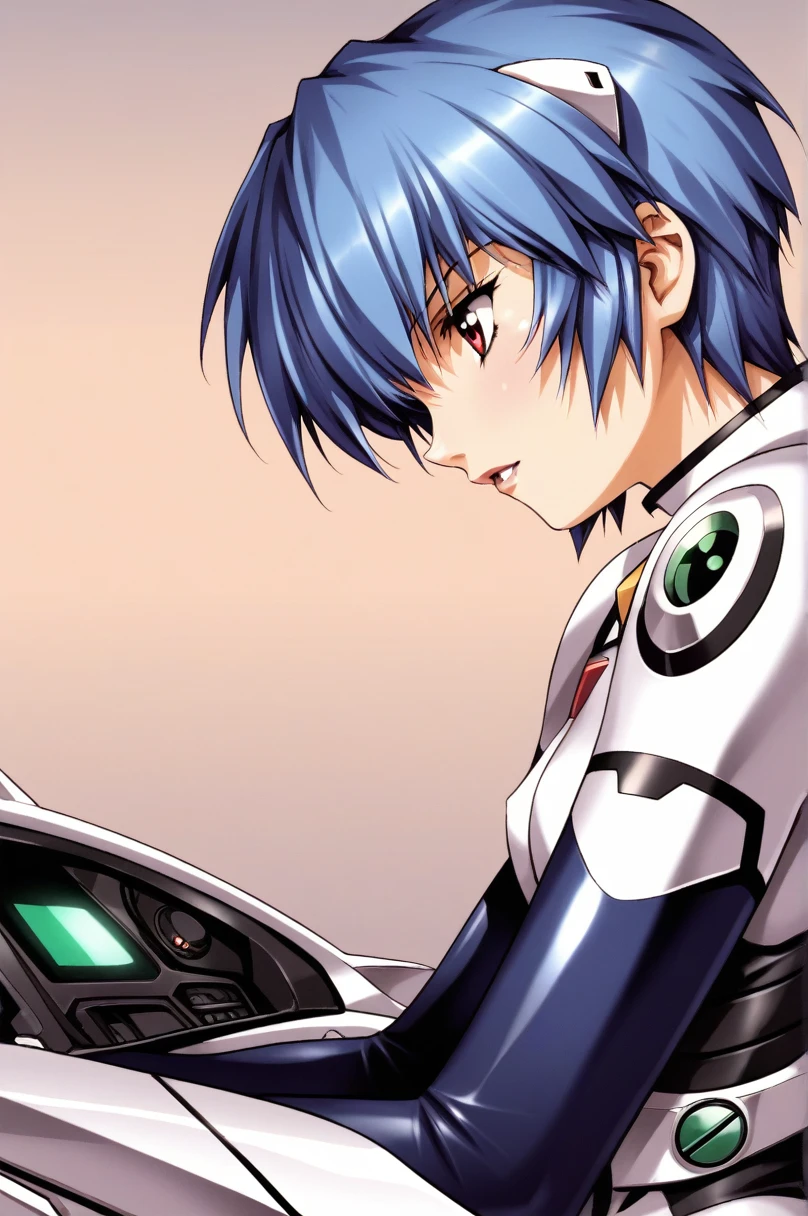 One girl,Ayanami Rei,chest,Torn clothes,Plug Suit,Red eyes,Bodysuits,short hair,alone,Blue Hair,medium chest,white Bodysuits,torn Bodysuits,Pilot Suit,Sitting,View your viewers,Interface Headset,Mecha,Hair Pod,From the side,bangs,cockpit,Part your lips,robot,profile,score_9,score_8_superior,