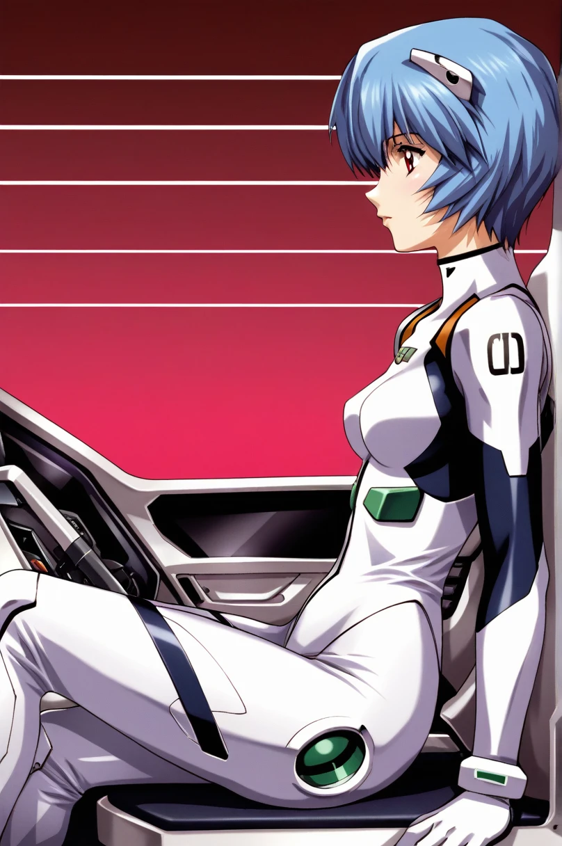 One girl,Ayanami Rei,chest,Torn clothes,Plug Suit,Red eyes,Bodysuits,short hair,alone,Blue Hair,medium chest,white Bodysuits,torn Bodysuits,Pilot Suit,Sitting,View your viewers,Interface Headset,Mecha,Hair Pod,From the side,bangs,cockpit,Part your lips,robot,profile,score_9,score_8_superior,