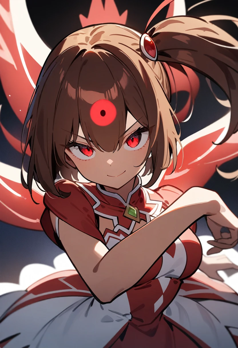1girl, serious smile, manga cover, red floating eye, eye monster, looking at a floating red eye monster in the sky, tanned skin, medium breasts, side ponytail, short hair, messy and brown hair, red magical girl dress, mahou shoujo pose, manga sketch lines, intricate detail, masterpiece quality, ultra HD, 4K, best quality