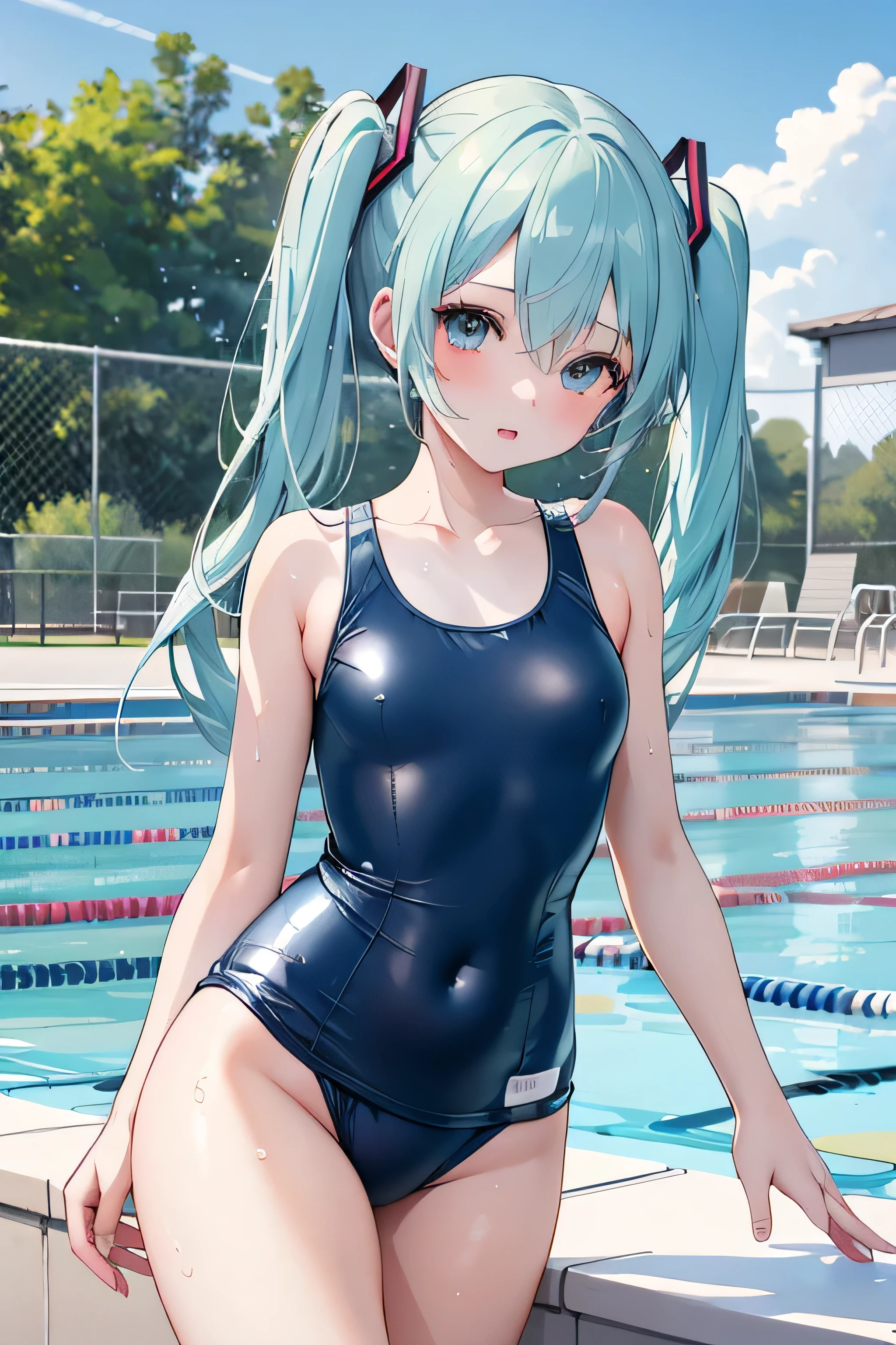 Highest quality, masterpiece, High resolution, Very detailed, Fine skin, Complex eyes, Accurate and perfect anatomy, hatsune miku, Embarrassing, School Swimsuit(Old School Swimsuit , Dark blue scoop water), Outdoor swimming pool, School swimming pool