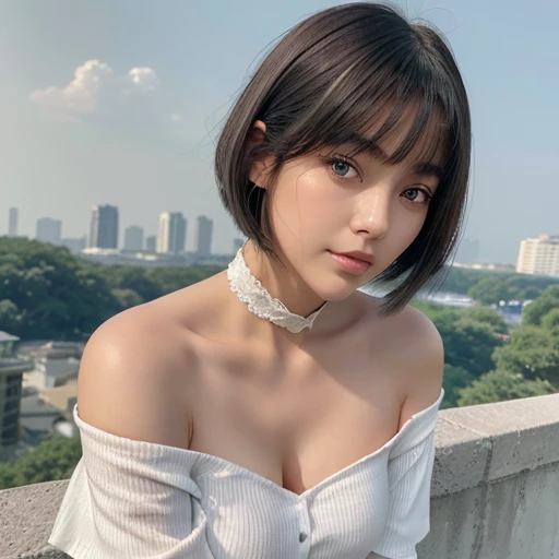 top-quality、超A high resolution、(Photorealsitic:1.4)、女の子1人、Off-shoulder white shirt、Black tight skirt、Black choker、(faded ash gray hair:1)、bob cuts、Slouched、(huge-breasted:1.2)、looking at viewert、a closeup、
