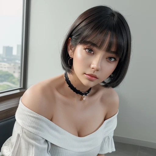 top-quality、超A high resolution、(Photorealsitic:1.4)、1人、Off-shoulder white shirt、Black tight skirt、Black choker、(faded ash gray hair:1)、bob cuts、Slouched、(huge-breasted:1.2)、looking at viewert、a closeup、