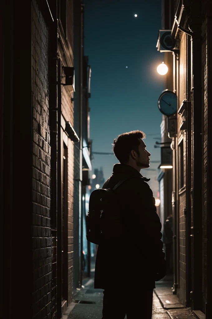 Man looking at the moon at night in the city dark style image