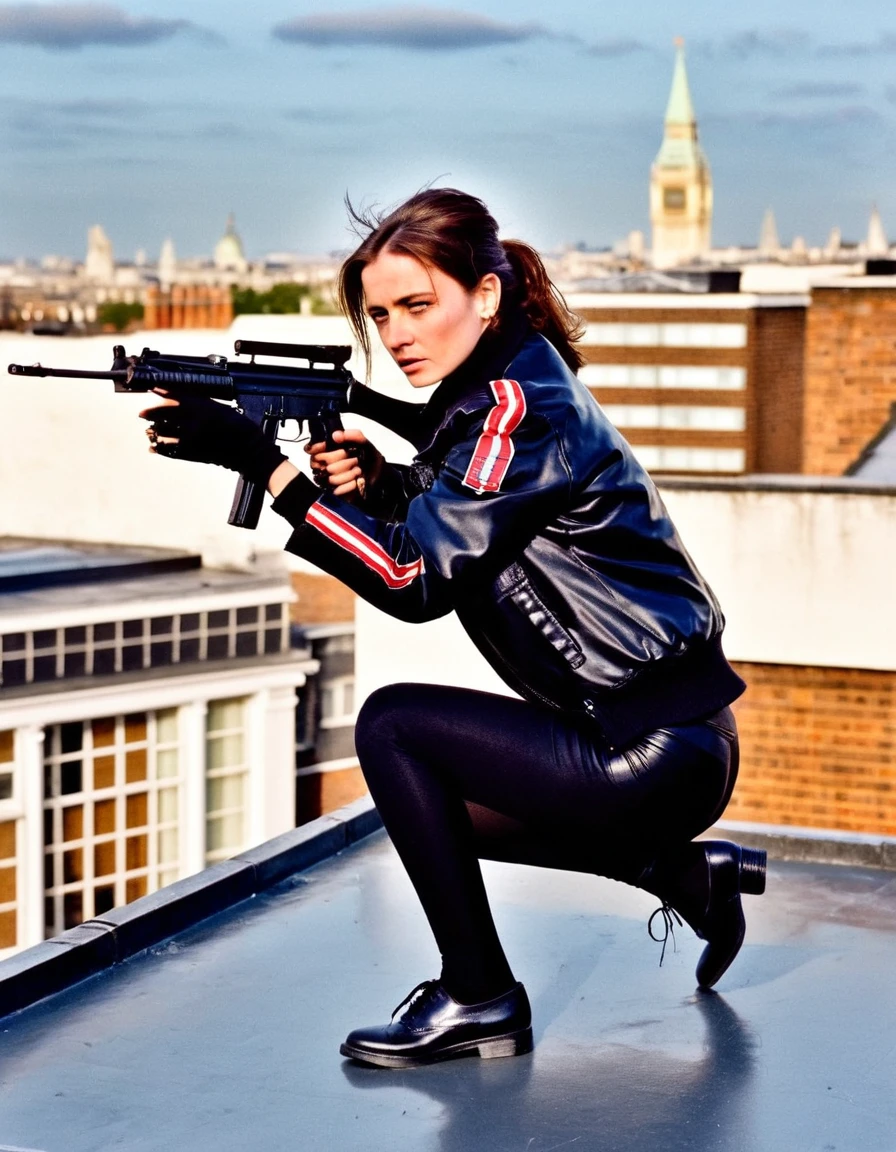 macro, detailed, realism, style, photograph ,  detailed style 
1980's style, cinematic, 
 female soldier in black satin jacket , on the roof the embassy, action pose, crouched, shooting stance, in south kensington in london, holding an mp5 Heckler & Koch MP5 style,