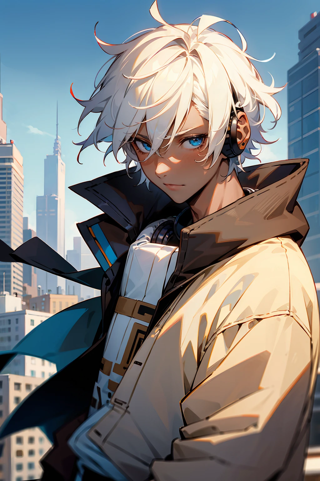 1male , Dark Skin , White Hair , Undercut Hair , Messy Hair , Brown Letterman Jacket ,  Modern City Background , Pale Blue Eyes , Chill Expression , Masterpiece Quality , Perfect Generation , Adult Male , Wearing Headphones