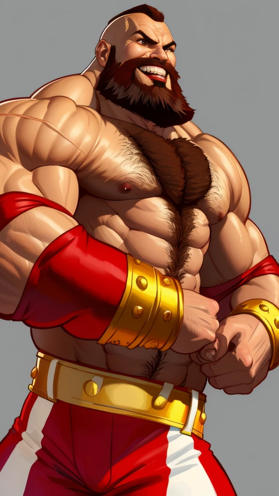 Zangief, brown hair, brown eyes, beard,  chest hair,  muscular, tall,  elbow pads,  arm bands, 
topless male,  red and white wrestling pants,   from the front, 
underground fight club, smiling, 
flexing his biceps, upper body,  
(insanely detailed, beautiful detailed face, masterpiece, best quality)
solo,  