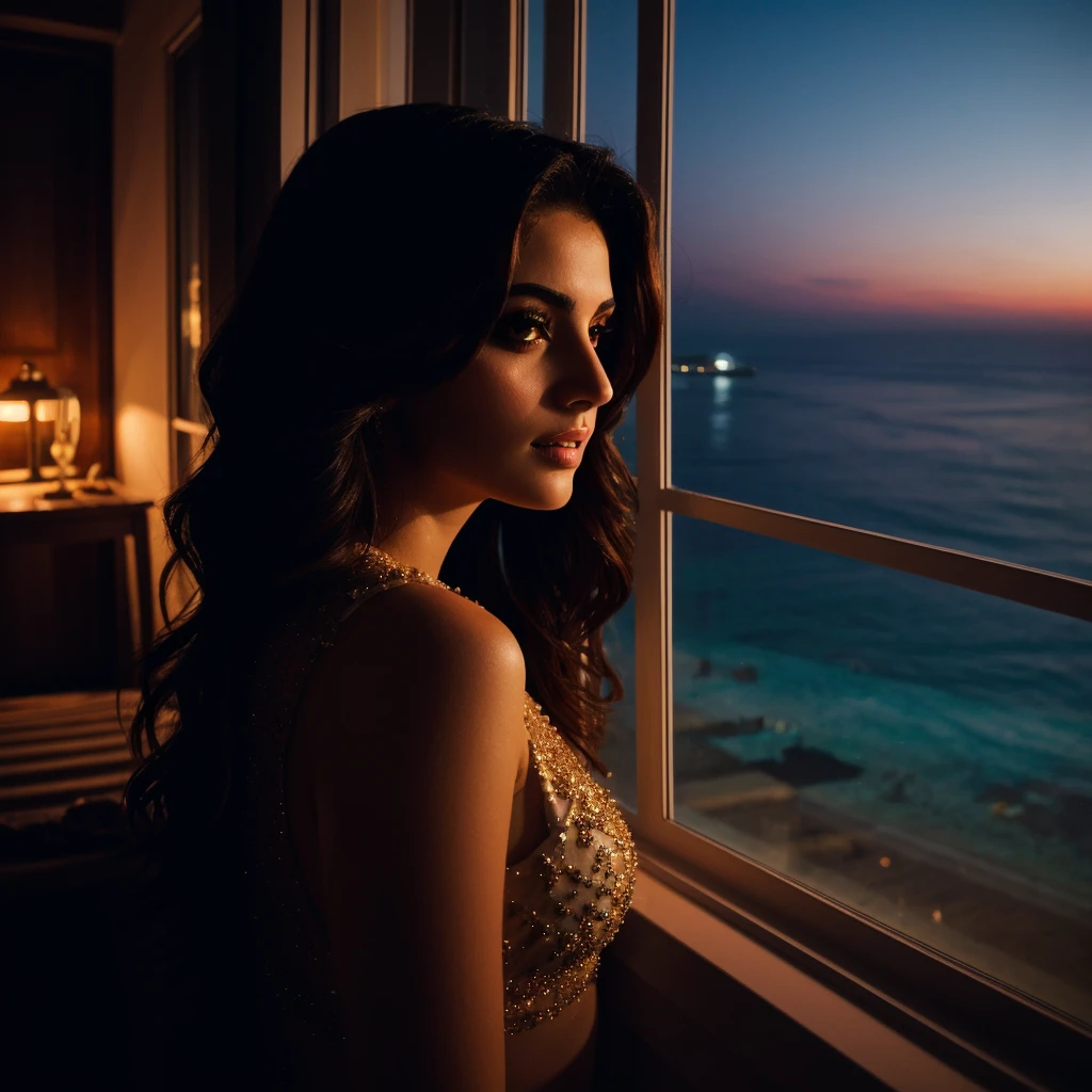 lebanese beautiful woman staring at the beach from a window at night, hyperrealistic, cinematic, dreamy