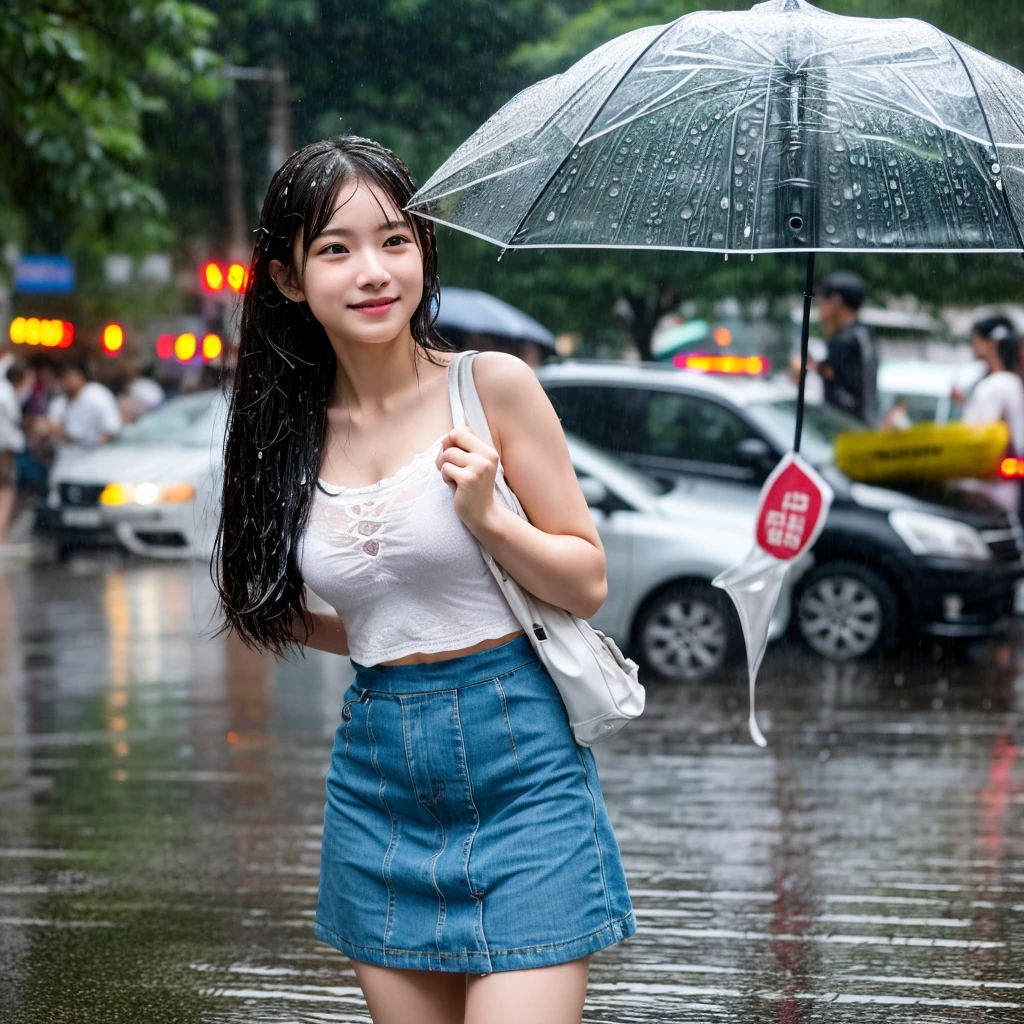 songkran,Wet roads , soaked through,drenched, Dripping, Wet Face,Wet clothes, Wet Skin, Wet Hair,A young woman with a cute face like an idol,chest,chest元が見えるデザインのビジネススーツ,mini skirt,cling,((Umbrellas are not depicted)),RAW Photos,Genuine,Genuine,High resolution,RAW Photos,masterpiece, Genuineistic, beautiful