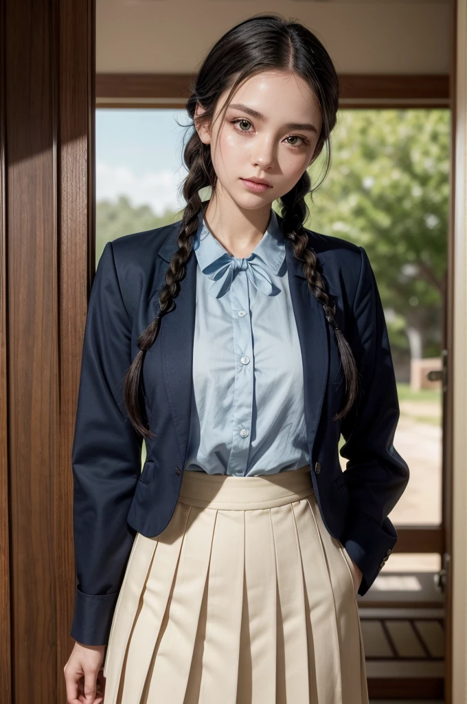 A beautiful young woman with fair skin, piercing green eyes and dark curly hair tied into two side braids. She wears a traditional Japanese , consisting of a navy blue pleated skirt, a white long-sleeved blouse and a navy blue blazer. The scene is lit by soft natural light, highlighting your delicate features and thoughtful expression. The uniform is perfectly fitted and impeccable, reflecting your attention to detail and pride in your appearance. 8K quality rendering with exceptional detail and sharpness.