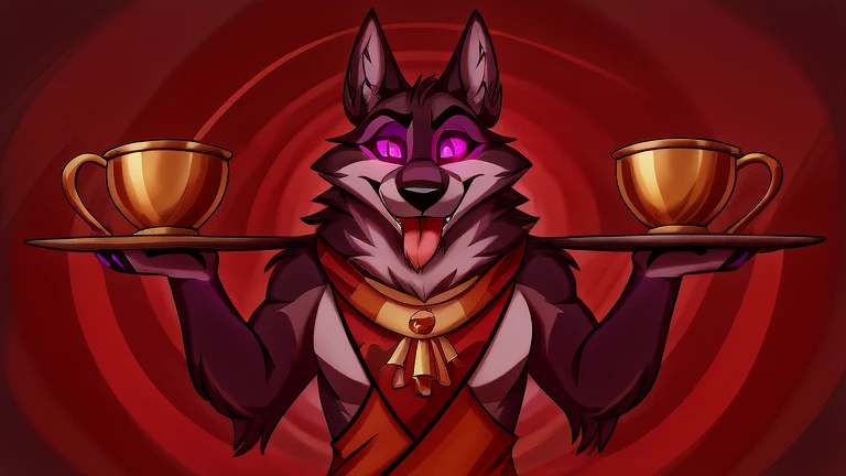 (masterpiece, best quality:1.2), Vortex hellhound, wolf, furry, helluva boss, hypnotized with glowing purple eyes, tongue out, tribal clothes, yellow_tabard, tribal clothes, carrying a tray with golden cups full body image