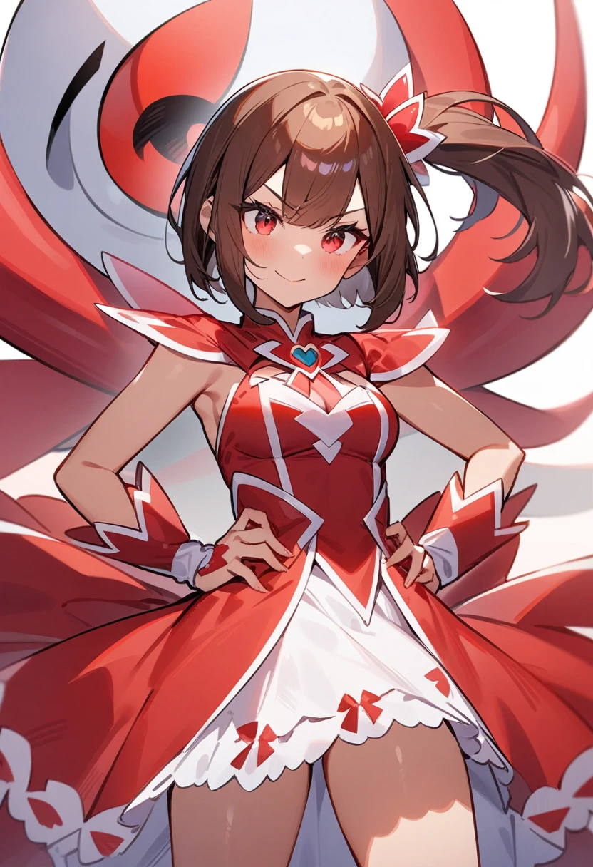 1girl, hands on hips, serious smile, manga cover, red floating eye, eye monster, looking at a floating red eye monster in the sky, tanned skin, medium breasts, side ponytail, short hair, messy and brown hair, red magical girl dress, mahou shoujo pose, manga sketch lines, intricate detail, masterpiece quality, ultra HD, 4K, best quality