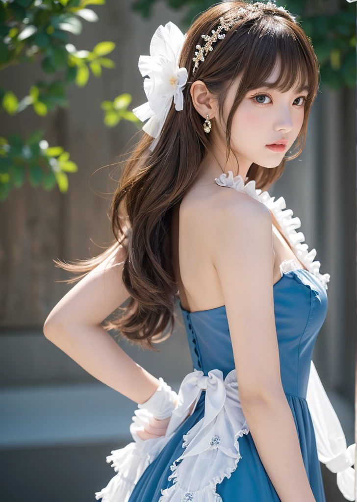 profile、Turned around、Butt,Flat Chest、(Slim body)、((Slim body))、Long Hair,パッツンbangs,Embarrassing,masterpiece,diamond、Earrings,background of fantasy,(((Brown Hair)))、 hair ornaments,Headband,Brown Hair, ((Blue Dress, Frillsのドレス)), Ruffled gloves, Frills, gloves, Cleavage, Idol, Idol clothes, Super detailed,Very detailed,Highest quality,masterpiece,figure,Realistic,photoRealistic, Gao Yuanfeng, One girl, alone, Cosplay, Sleeveless dress,White Dress, Layered Dresses, 肘用gloves, Bare shoulders, pantyhose, Glamorous clothing, bangs, hair ornaments, Hair Flowers, View your viewers, Cowboy Shot, Mike stand, Simple Background,