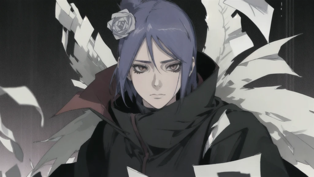 konan \(naruto\), solo, looking_at_viewer, 1girl, closed_mouth, paper wings, akatsuki outfit, paper jutsu, labret piercing, high quality eyes, close face