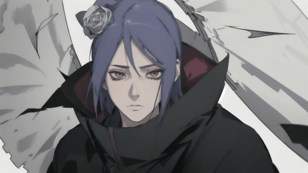 konan \(naruto\), solo, looking_at_viewer, 1girl, closed_mouth, paper wings, akatsuki outfit, paper jutsu, labret piercing, high quality eyes, close face