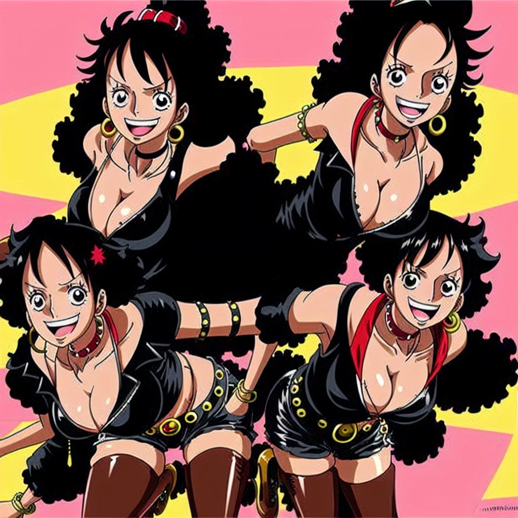 full body Create a female character with voluminous, bright red curly hair in the style of anime One Piece. She should be sexy, wearing black shorts and a black vest, with a choker necklace and flat-heeled boots. Her eyes are brown, and she is .