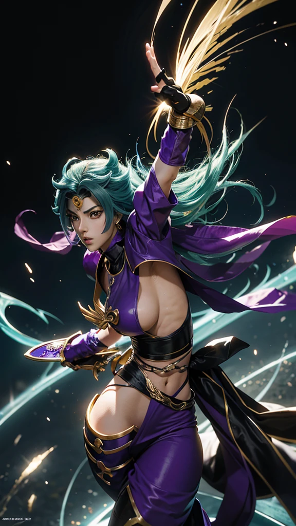 Transform characters from the anime Saint Seiya into JoJo's Bizarre Adventure-style characters. Each character should have bold, exaggerated features typical of the JoJo's style, with intense expressions and dynamic poses. Their armor should be highly detailed and colorful, reflecting the unique fashion of JoJo's Bizarre Adventure. The background should be vibrant and dramatic, matching the JoJo style with dynamic and energetic elements. Include iconic elements from both Saint Seiya and JoJo's Bizarre Adventure to create a fusion of the two styles.