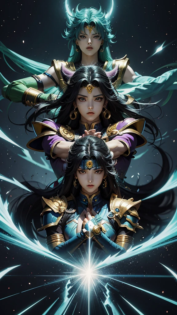 Transform characters from the anime Saint Seiya into JoJo's Bizarre Adventure-style characters. Each character should have bold, exaggerated features typical of the JoJo's style, with intense expressions and dynamic poses. Their armor should be highly detailed and colorful, reflecting the unique fashion of JoJo's Bizarre Adventure. The background should be vibrant and dramatic, matching the JoJo style with dynamic and energetic elements. Include iconic elements from both Saint Seiya and JoJo's Bizarre Adventure to create a fusion of the two styles.