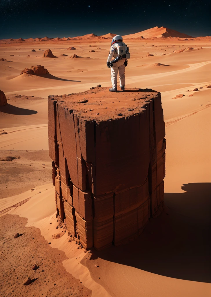 Imagine the vast, alien landscape of Mars unfolding before three astronauts as they disembark from their spacecraft. The scene captures the anticipation and awe of their arrival, with the crimson hues of the Martian terrain contrasting against the deep, star-speckled sky. Highlight the meticulous detail of the astronauts' suits and the imposing scale of the rocky Martian landscape, evoking a sense of both wonder and the unknown.