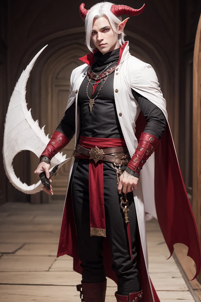 A white-skinned male Tiefling rogue with black horns and a red tail. vestindo roupas pretas.