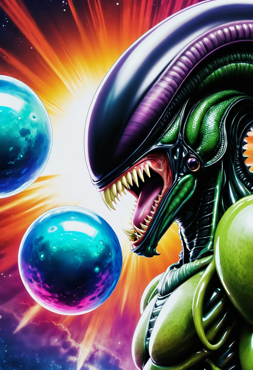 (((Extreme close-up Xenomorph Alien the eighth passenger universe Dragon Ball Z Akira Toriyama dragon balls surreal images color Splash)))