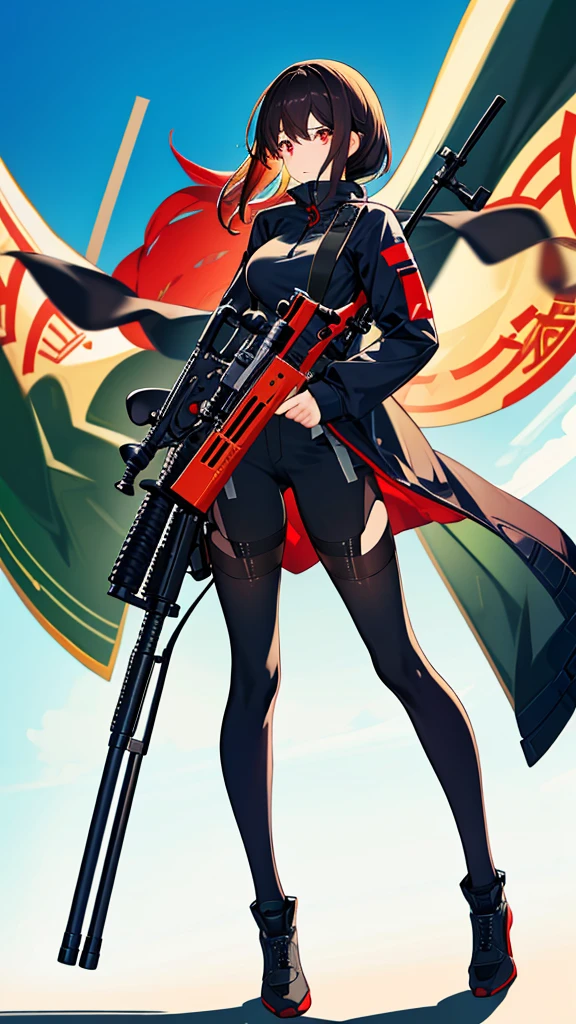 No background　Girl holding a sniper rifle　Medium Hair　Black hair color　Red eyes　Full body view　Anxious face