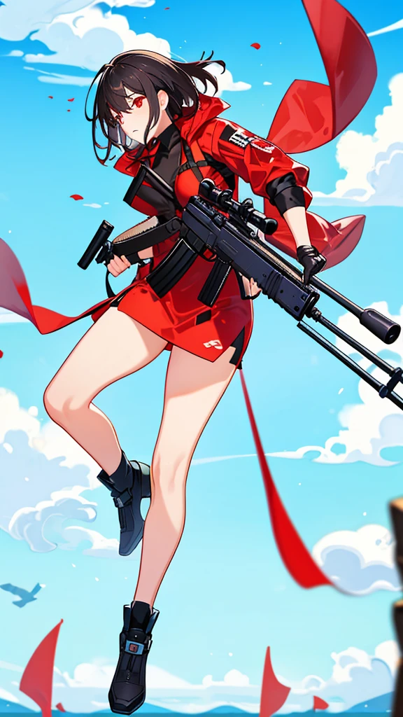 No background Girl holding a sniper rifle Medium Hair Black hair color Red eyes Full body view Anxious face