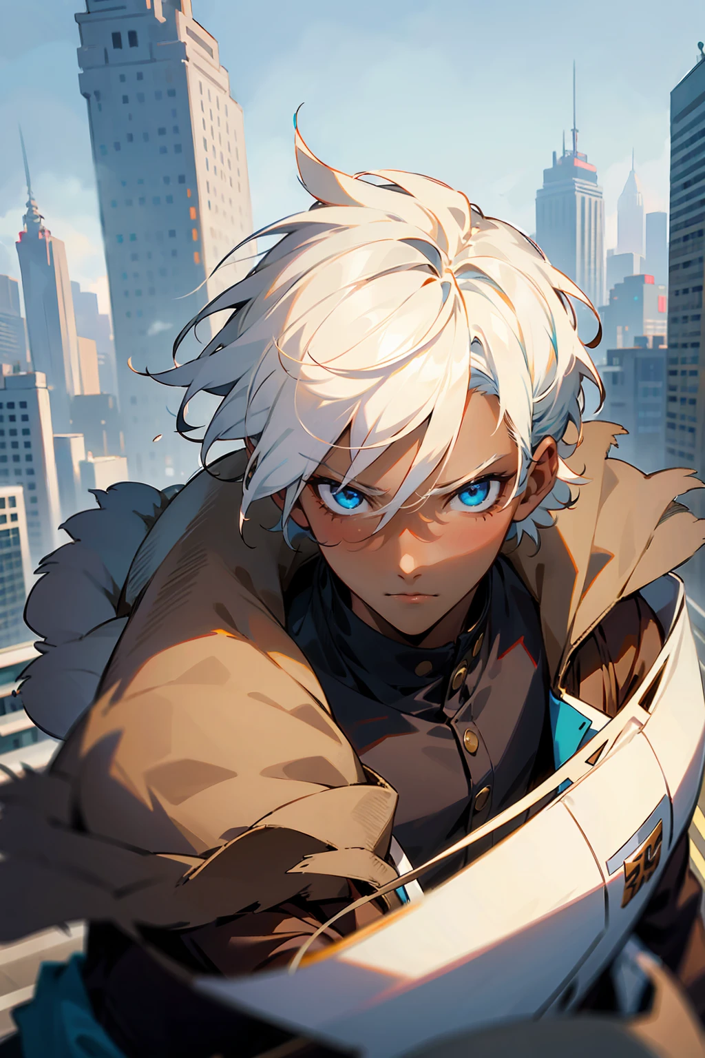 1male , Dark Skin , White Hair , Undercut Hair , Messy Hair , Brown Letterman Jacket ,  Modern City Background , Pale Blue Eyes , Serious Expression , Perfect Generation , Adult Male , 