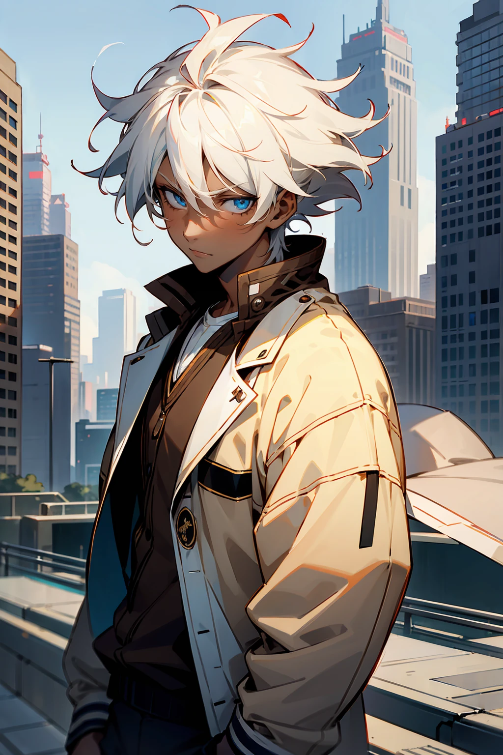 1male , Dark Skin , White Hair , Undercut Hair , Messy Hair , Brown Letterman Jacket ,  Modern City Background , Pale Blue Eyes , Serious Expression , Perfect Generation , Adult Male , 