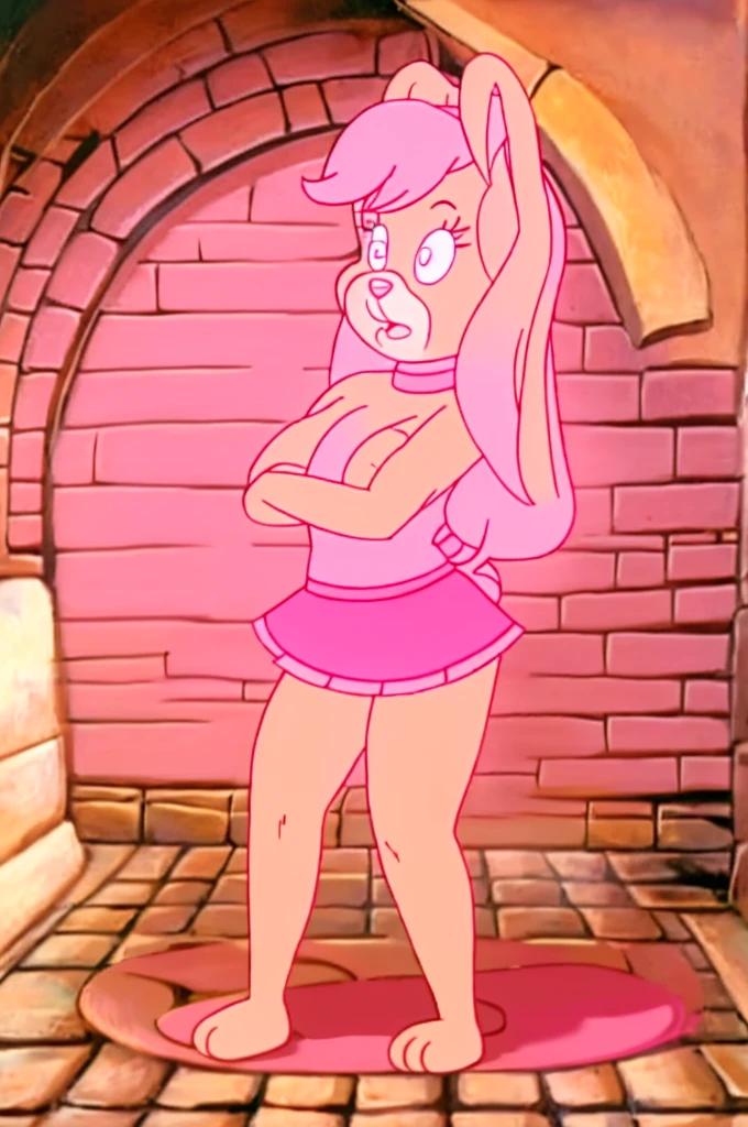 Furry Yellow rabbit with white eyes with hot pink pupil and pink collar with mat instead of chest without clothes cartoonish Hanna-Barbera type, Women, Mexican pink volume skirt