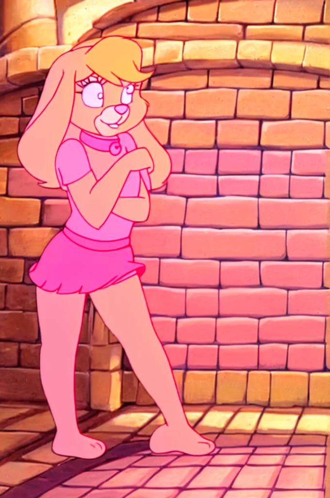 Furry Yellow rabbit with white eyes with hot pink pupil and pink collar with mat instead of chest without clothes cartoonish Hanna-Barbera type, Women, Mexican pink volume skirt