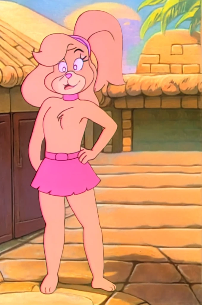 Furry Yellow rabbit with white eyes with hot pink pupil and pink collar with mat instead of chest without clothes cartoonish Hanna-Barbera type, Women, Mexican pink volume skirt