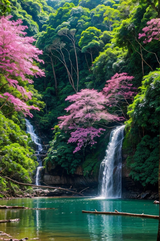 Lacandon jungle with pink trees and water and waterfall
