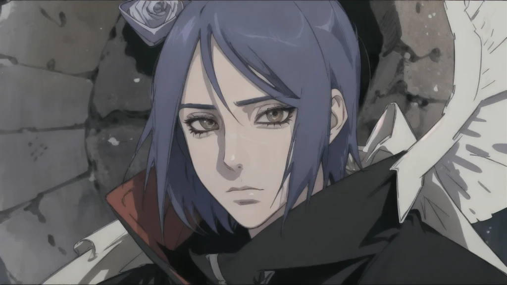 a detailed portrait of konan from naruto, solo, looking directly at the viewer, 1girl, closed mouth, paper wings, wearing akatsuki outfit, performing paper jutsu, labret piercing, high quality detailed eyes, close-up face, photo-realistic, masterpiece, 8k, cinematic lighting, vibrant colors