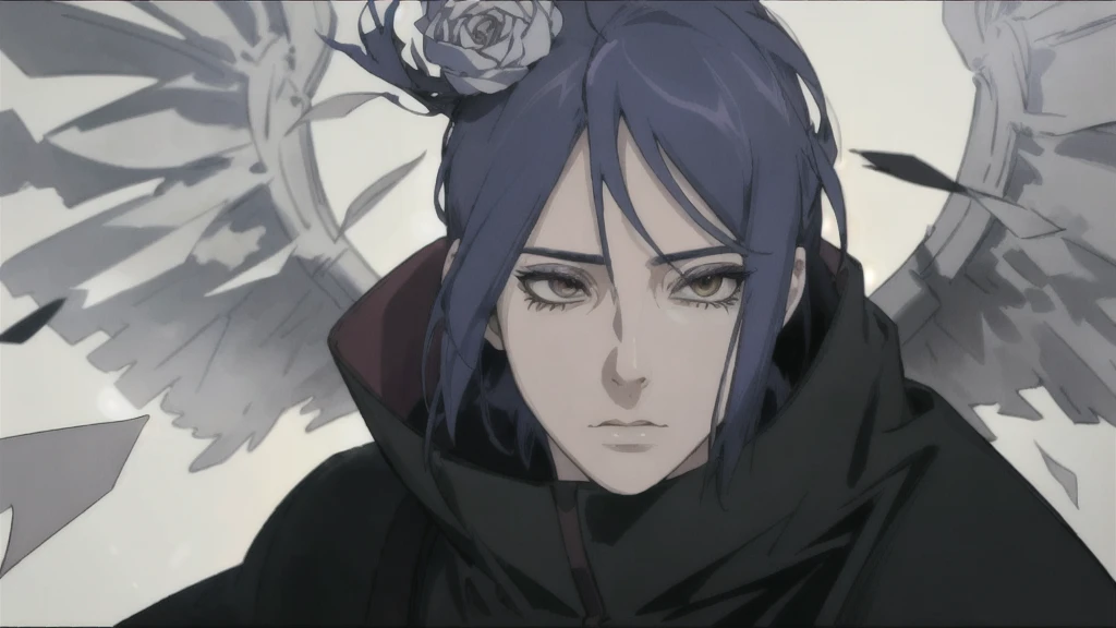 a detailed portrait of konan from naruto, solo, looking directly at the viewer, 1girl, closed mouth, paper wings, wearing akatsuki outfit, performing paper jutsu, labret piercing, high quality detailed eyes, close-up face, photo-realistic, masterpiece, 8k, cinematic lighting, vibrant colors