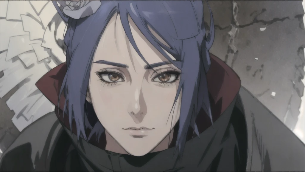 a detailed portrait of konan from naruto, solo, looking directly at the viewer, 1girl, closed mouth, paper wings, wearing akatsuki outfit, performing paper jutsu, labret piercing, high quality detailed eyes, close-up face, photo-realistic, masterpiece, 8k, cinematic lighting, vibrant colors