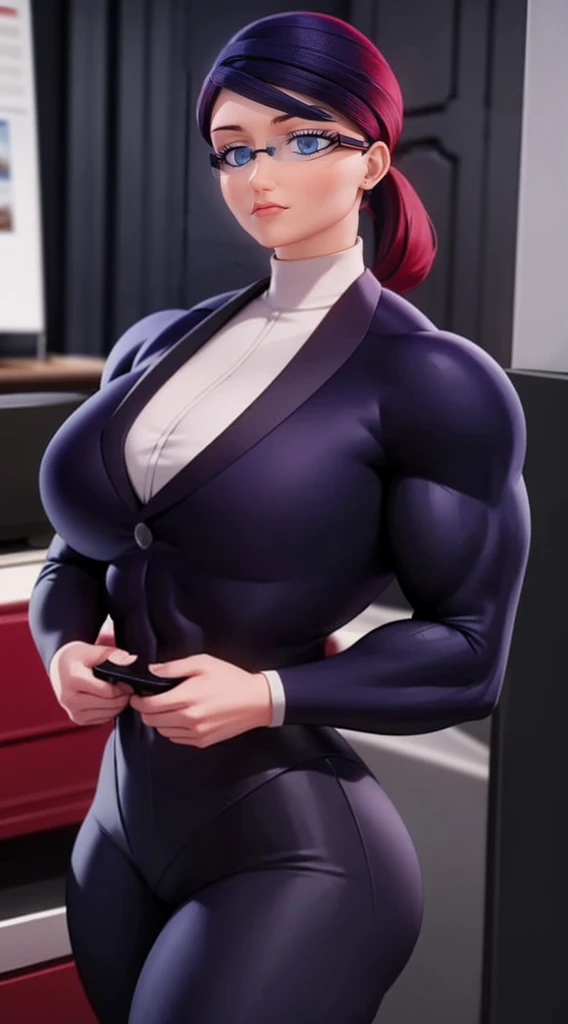 a muscular female bodybuilder in red bra inside office suit and her hair is dark blue and a bit red from end to the left side of head, detailed face, beautiful detailed eyes, beautiful detailed lips, extremely detailed face and muscles, long eyelashes, strong muscles bulging through suit, dynamic pose, professional studio lighting, hyperrealistic, 8k, high quality, photorealistic, physically-based rendering, concept art, dramatic color palette,((abs)).
