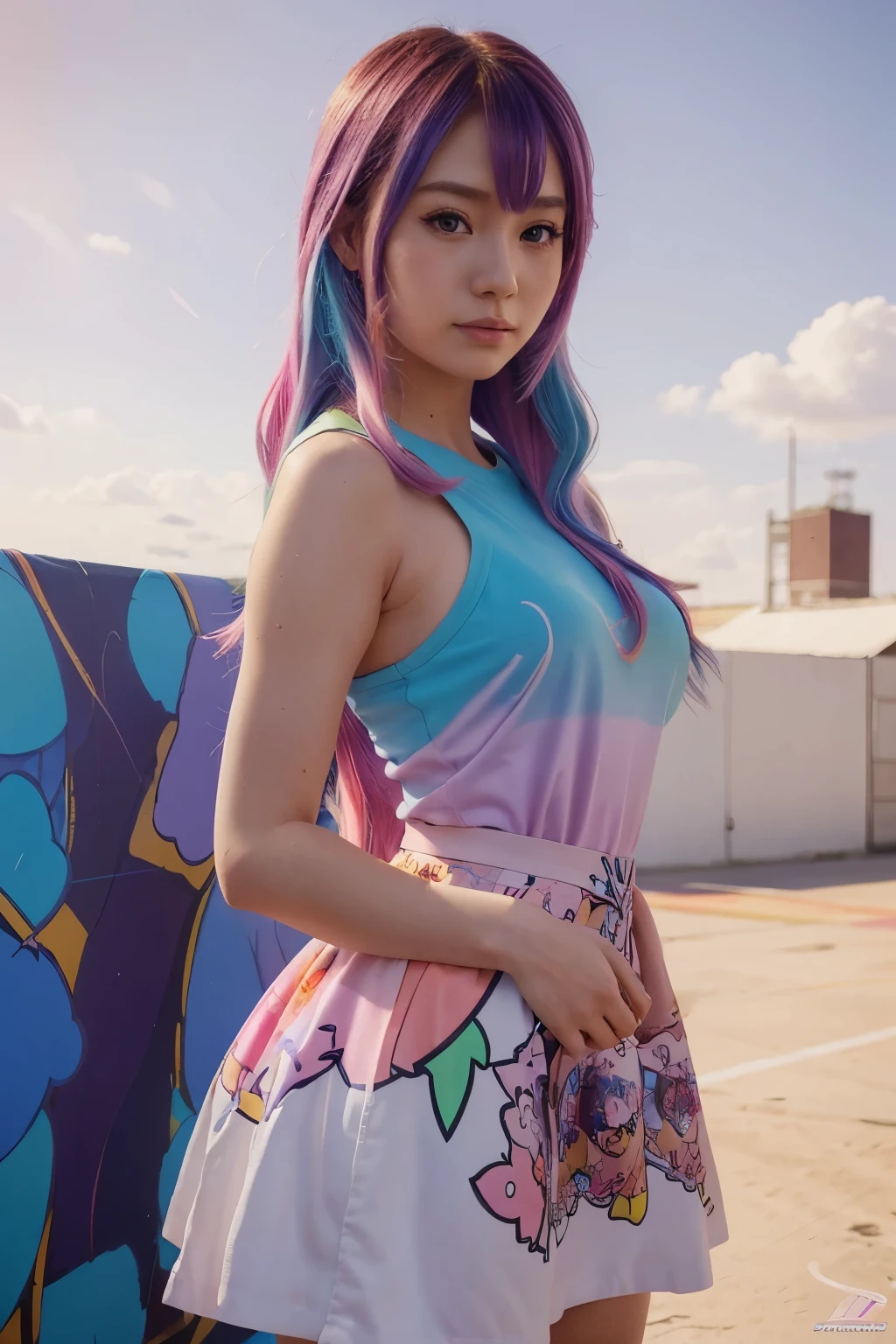 girl with colorful hair and a colorful dress, rossdraws pastel vibrant, rossdraws cartoon vibrant, anime style 4 k, beautiful anime portrait, artgerm colorful!!!, ! dream artgerm, beautiful anime girl, anime styled digital art, anime art wallpaper 4k, anime art wallpaper 4 k, digital anime art, extremely detailed artgerm