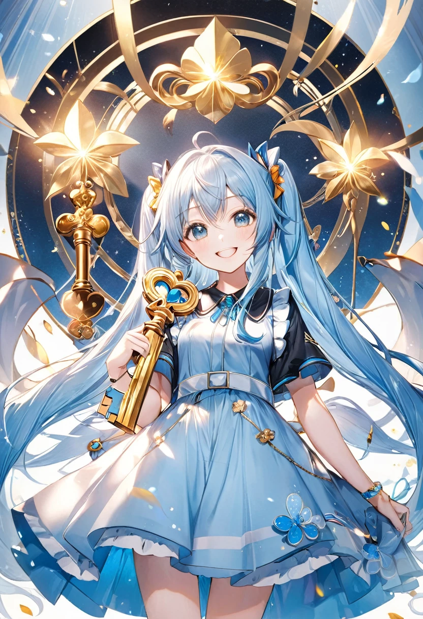 Light blue long hair、Twin-tailed Girl、holding a big key、Bright smile